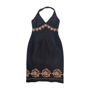 Maggy London Dress Size 4 Black Floral Halter Top Embordered Eveningwear Vintage